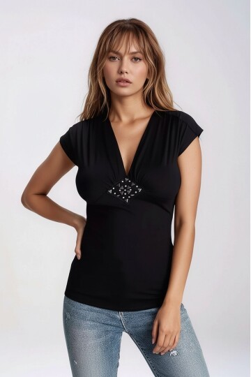 Kadın V Yaka Önü Taşlı Spor Şık Gece Gündüz Siyah Basic Bluz