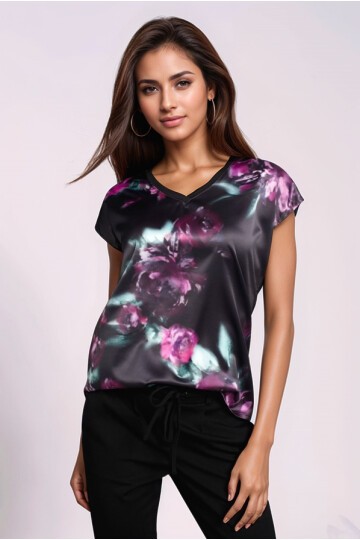 Kadın V Yaka Saten Viskon Kısa Kol Spor Şık Çicek Desenli Bluz