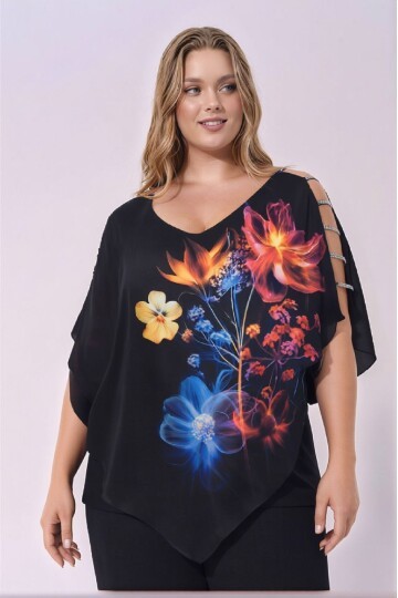 Kadın V Yaka Taşlı Şeritli Kol Tasarımlı Asimetrik Şifon Astarlı Tasarım Şık Büyük Beden Curve Bluz