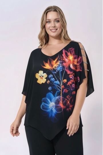 Kadın V Yaka Taşlı Şeritli Kol Tasarımlı Asimetrik Şifon Astarlı Tasarım Şık Büyük Beden Curve Bluz