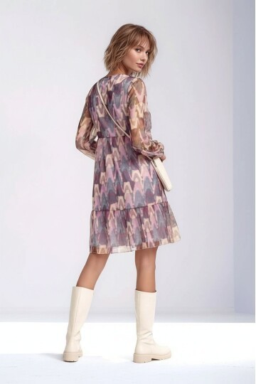 Kadın V Yaka Uzun Kol Rahat Kalıp Desenli Tül Elbise