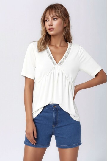 Kadın V Yaka Yarım Kol Yakası File Detay Şık Örme Rahat Kalıp Yazlık Bluz