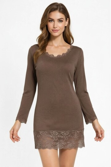 Kadın Viskon Dantel Detaylı Uzun Kol Curve Spor Şık Bluz Tunik