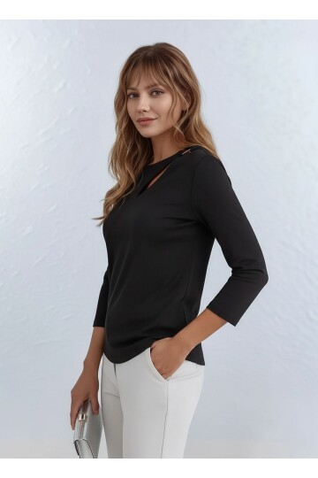 Kadın Yakada Toka Detay Spor Şık Dokuma Kumaş Truvakar Kol Büyük Beden Şık Bluz