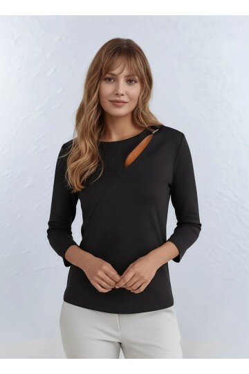 Kadın Yakada Toka Detay Spor Şık Dokuma Kumaş Truvakar Kol Büyük Beden Şık Bluz