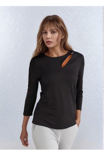 Kadın Yakada Toka Detay Spor Şık Dokuma Kumaş Truvakar Kol Büyük Beden Şık Bluz