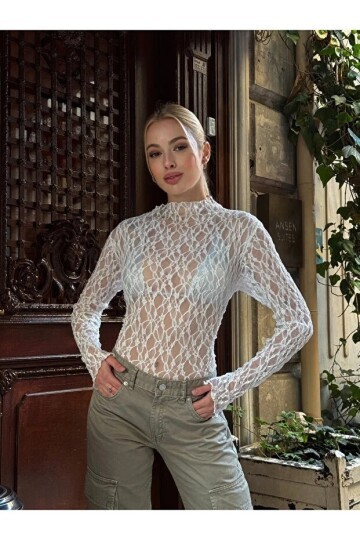 Kadın Yarım Balıkçı Yaka Full Esnek Dantel Bürümcük Spor Şık Tasarım Gece Bluzu