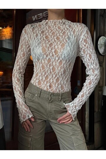 Kadın Yarım Balıkçı Yaka Full Esnek Dantel Bürümcük Spor Şık Tasarım Gece Bluzu