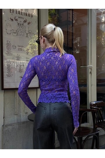 Kadın Yarım Balıkçı Yaka Full Esnek Dantel Bürümcük Spor Şık Tasarım Gece Bluzu