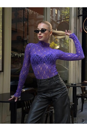 Kadın Yarım Balıkçı Yaka Full Esnek Dantel Bürümcük Spor Şık Tasarım Gece Bluzu