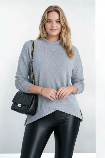 Kadın Yarım Dik Yaka Asimetrik Kesim Uzun Kol Büyük Beden Curve Sweatshirt