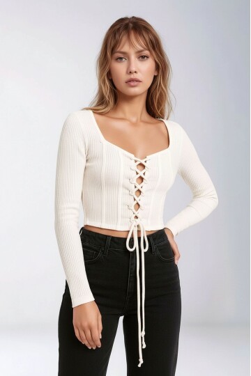 Kadın Yuvarlak Yaka Önden Bağcıklı Uzun Kol Fitilli Crop Boy Spor Şık Bluz