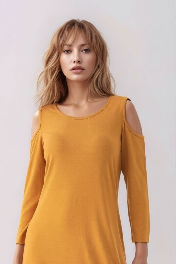 Kadon Omzu Açık Truvakar Kol Bisiklet Yaka Rahat Kalıp Spor Şık Örme Viskon Elbise