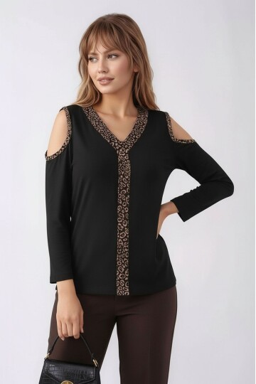 Kadon Omzu Açık Truvakar Kol Leopar Biyeli Rahat Kalıp Spor Şık Bluz