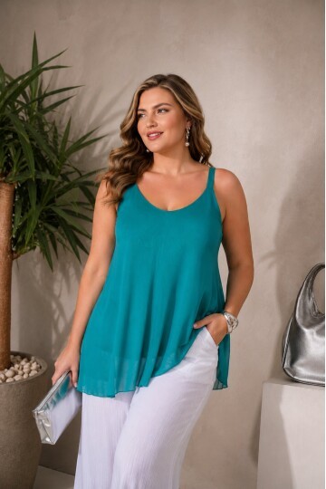 Kadın V Yaka Kalın Askılı Curve Büyük Beden Spor Şık Tshirt Bluz